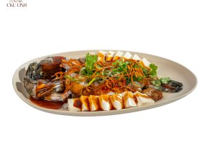 Cá mú hấp nấm đông trùng và nấm thủy tiên
